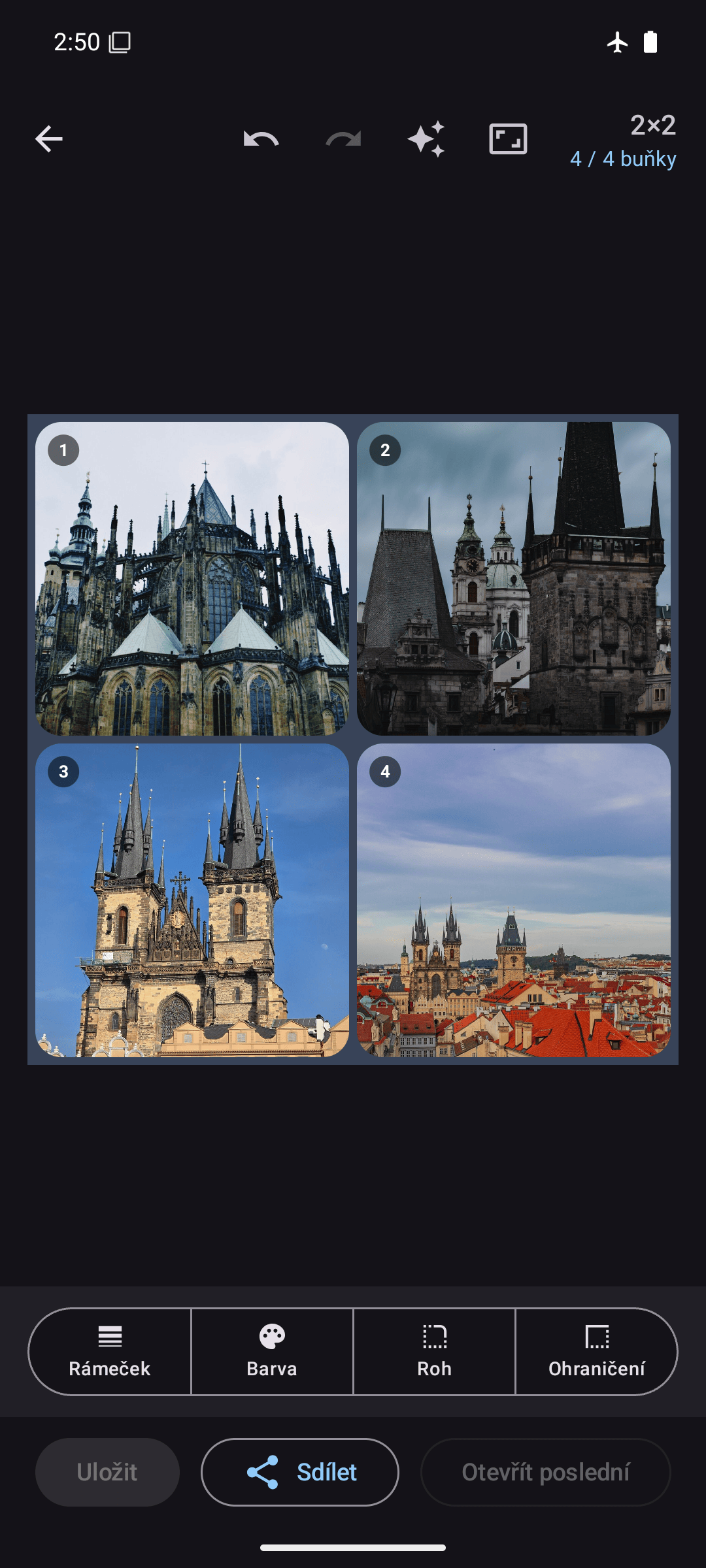 Editor Kollagerie s fotokoláží 2×2 v tmavém režimu