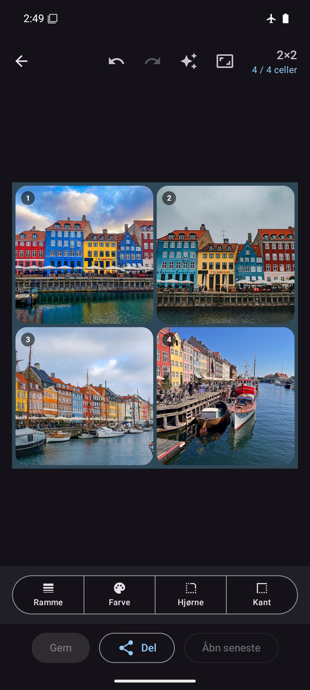Kollagerie-editor med et 2×2-fotokollage i mørk tilstand