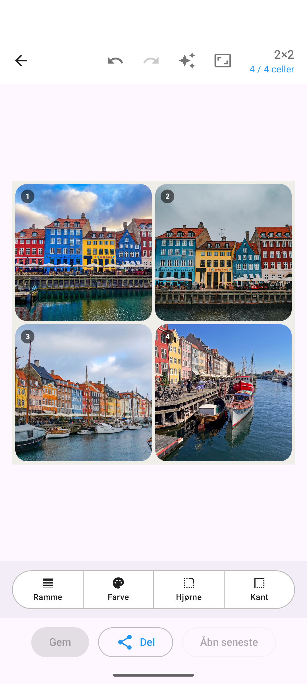 Kollagerie-editor med et 2×2-fotokollage, lyst tema
