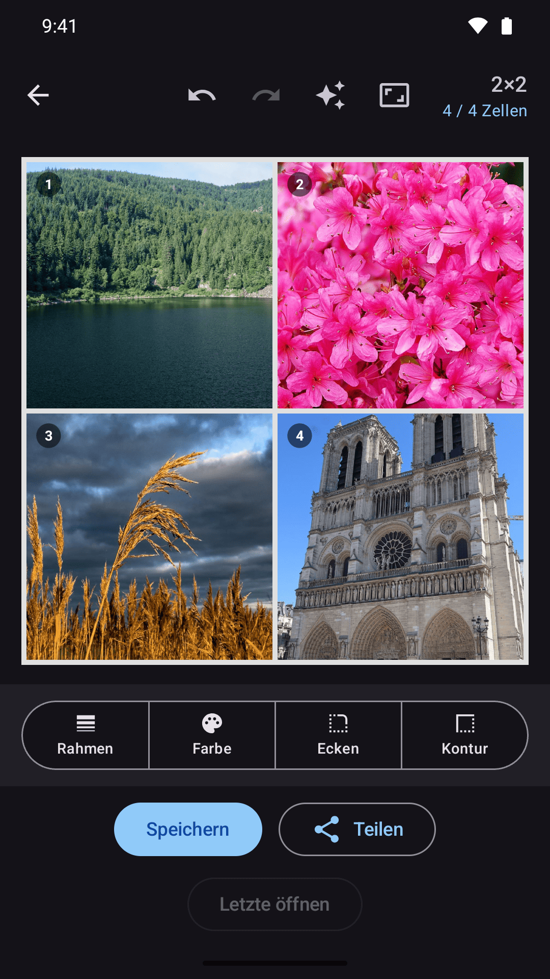 Kollagerie-Editor mit 2×2-Foto-Collage im dunklen Design