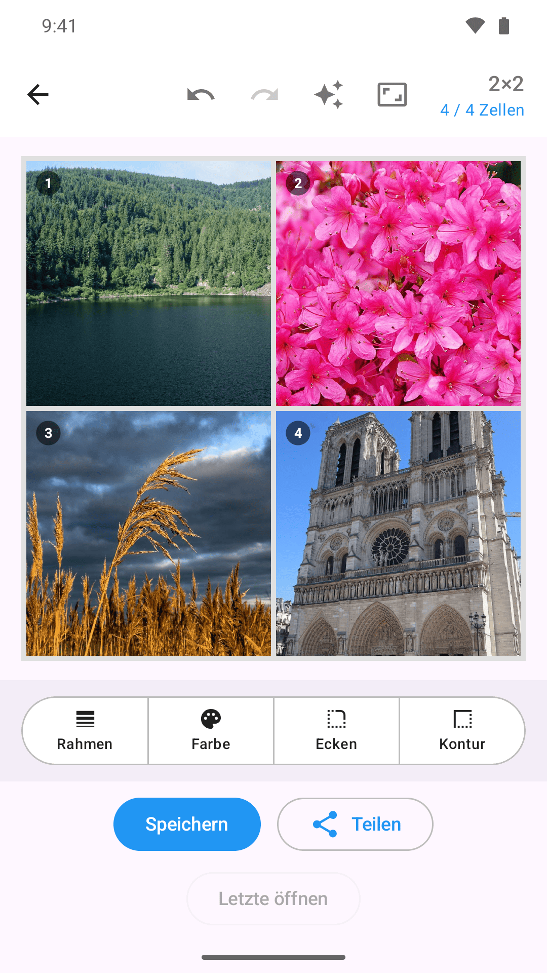 Kollagerie-Editor mit einer 2×2-Foto-Collage, helles Design