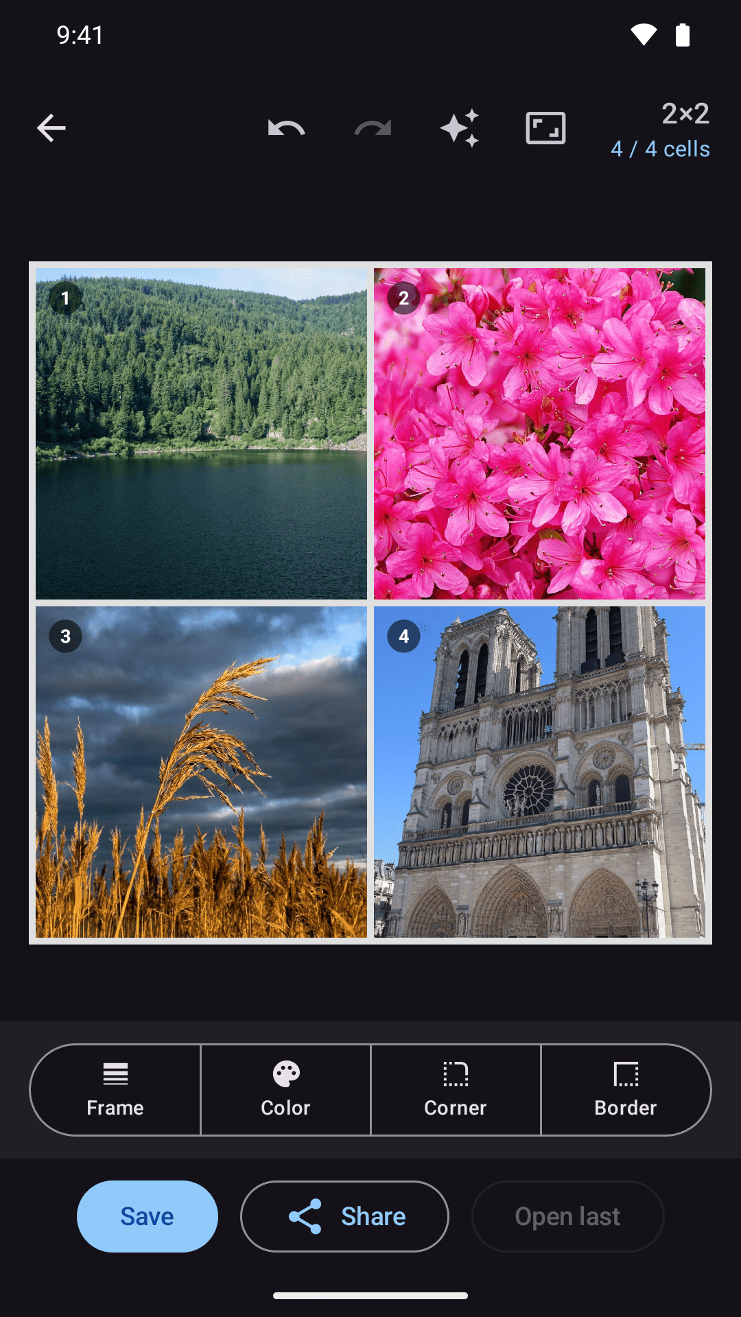 Kollagerie editor with a 2×2 photo collage in dark mode