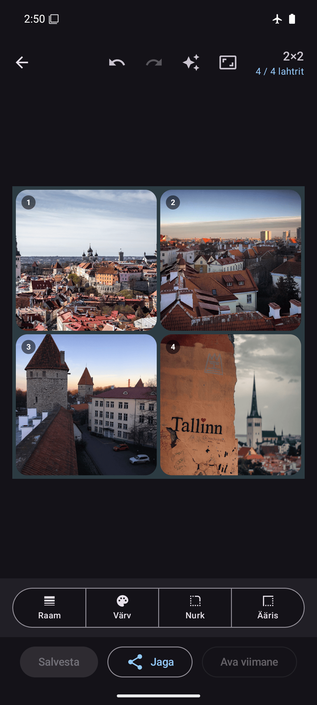 Kollagerie redaktor 2×2 fotokollaažiga tumedas režiimis