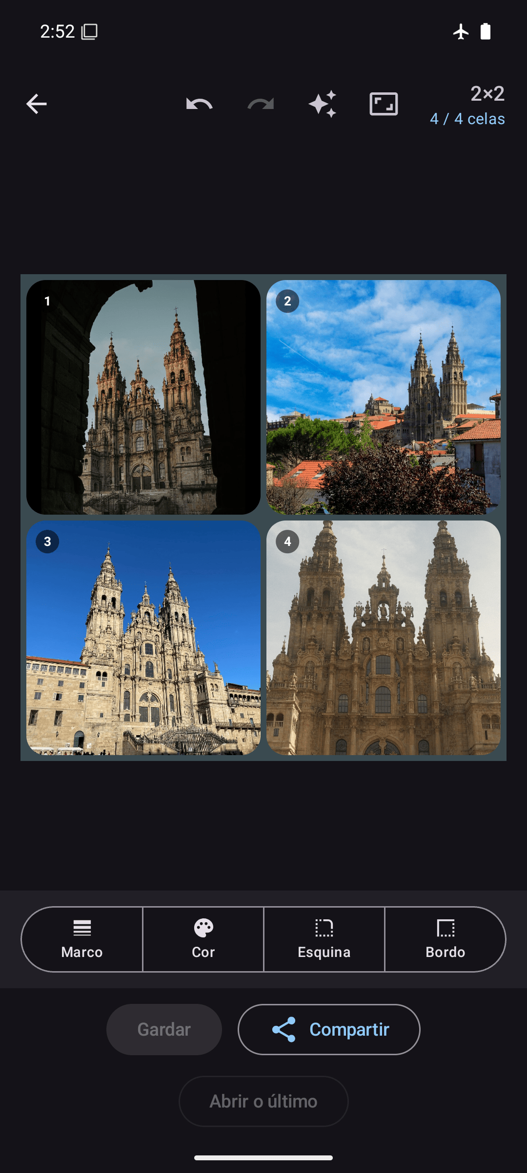 Editor de Kollagerie cunha colaxe de fotos 2×2 en modo escuro