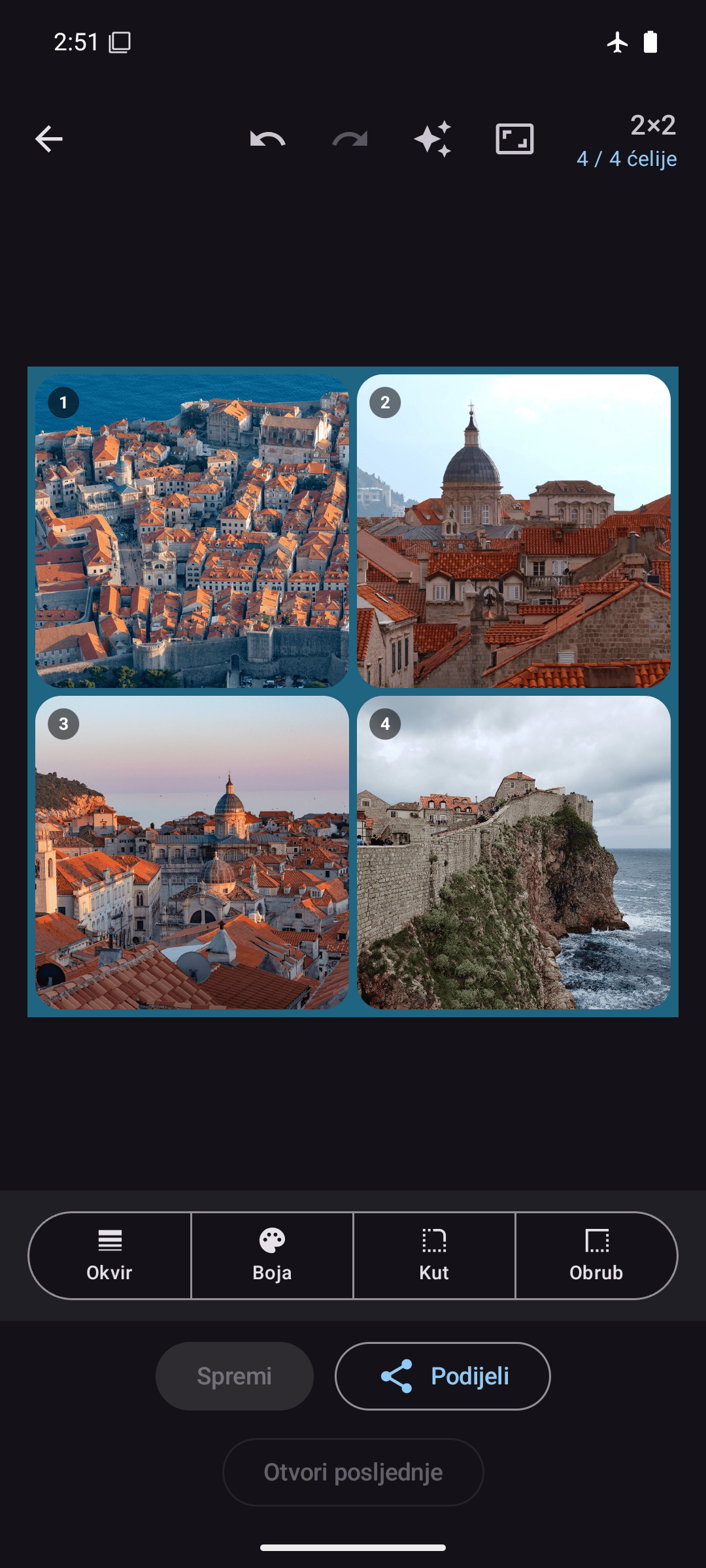 Uređivač Kollagerie s foto kolažem 2×2 u tamnom načinu