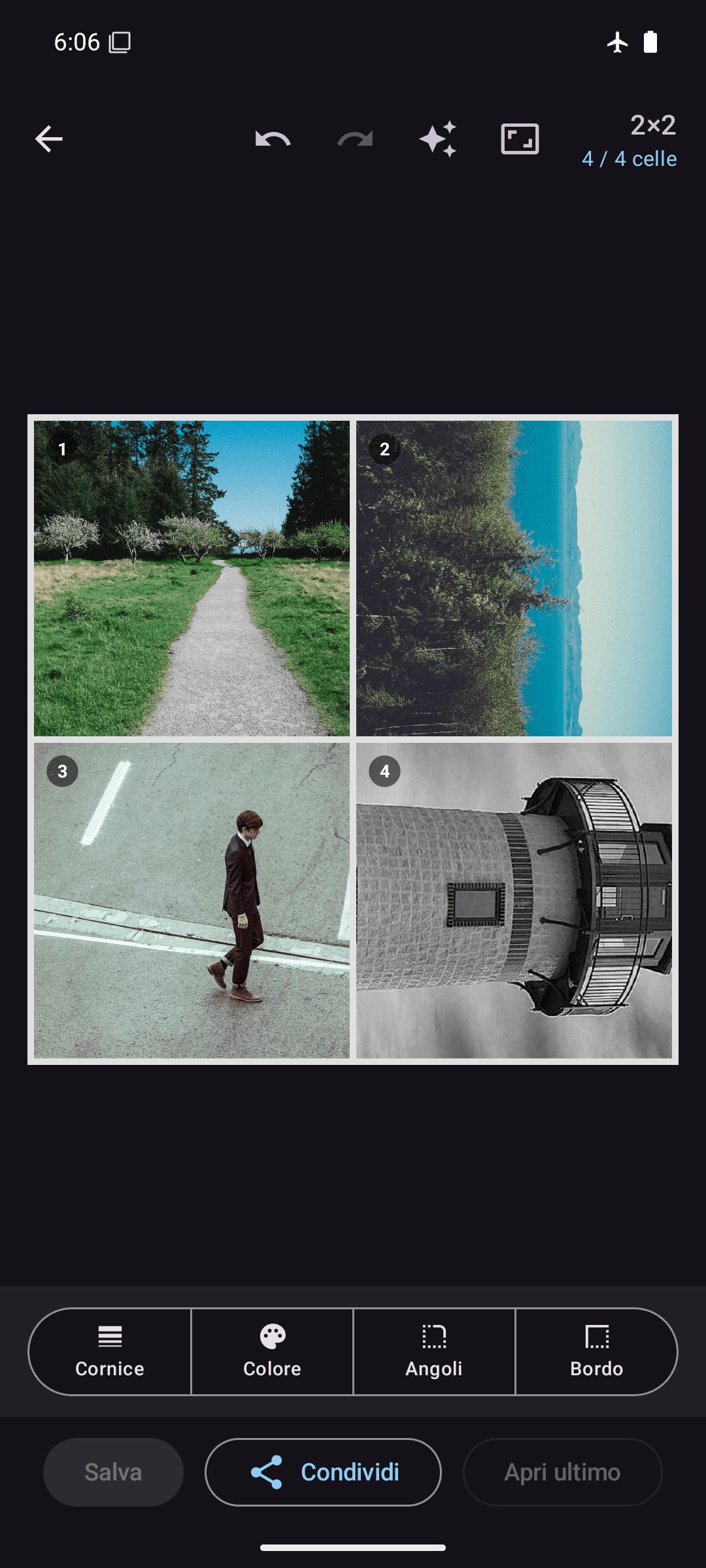 Editor Kollagerie con un collage di foto 2×2 in modalità scura