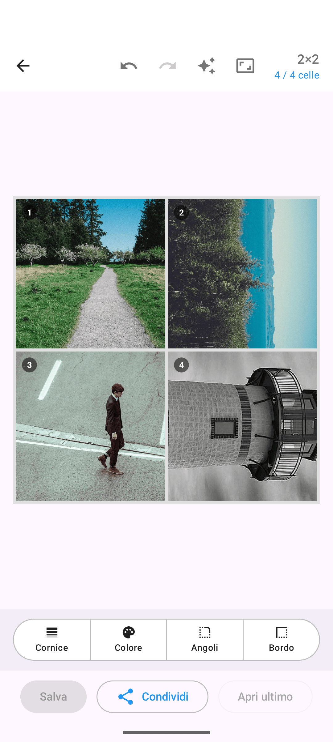 Editor Kollagerie con un collage di foto 2×2, tema chiaro