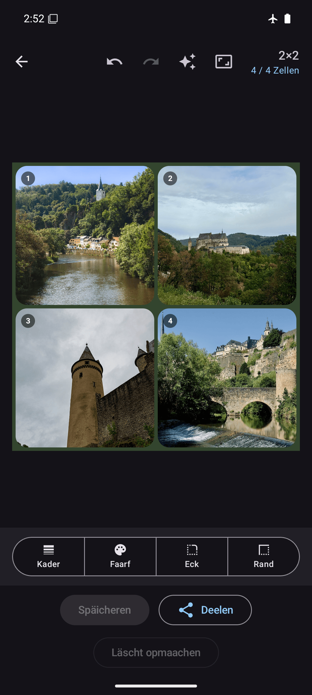 Kollagerie-Editor mat enger 2×2-Fotocollage am donkele Modus