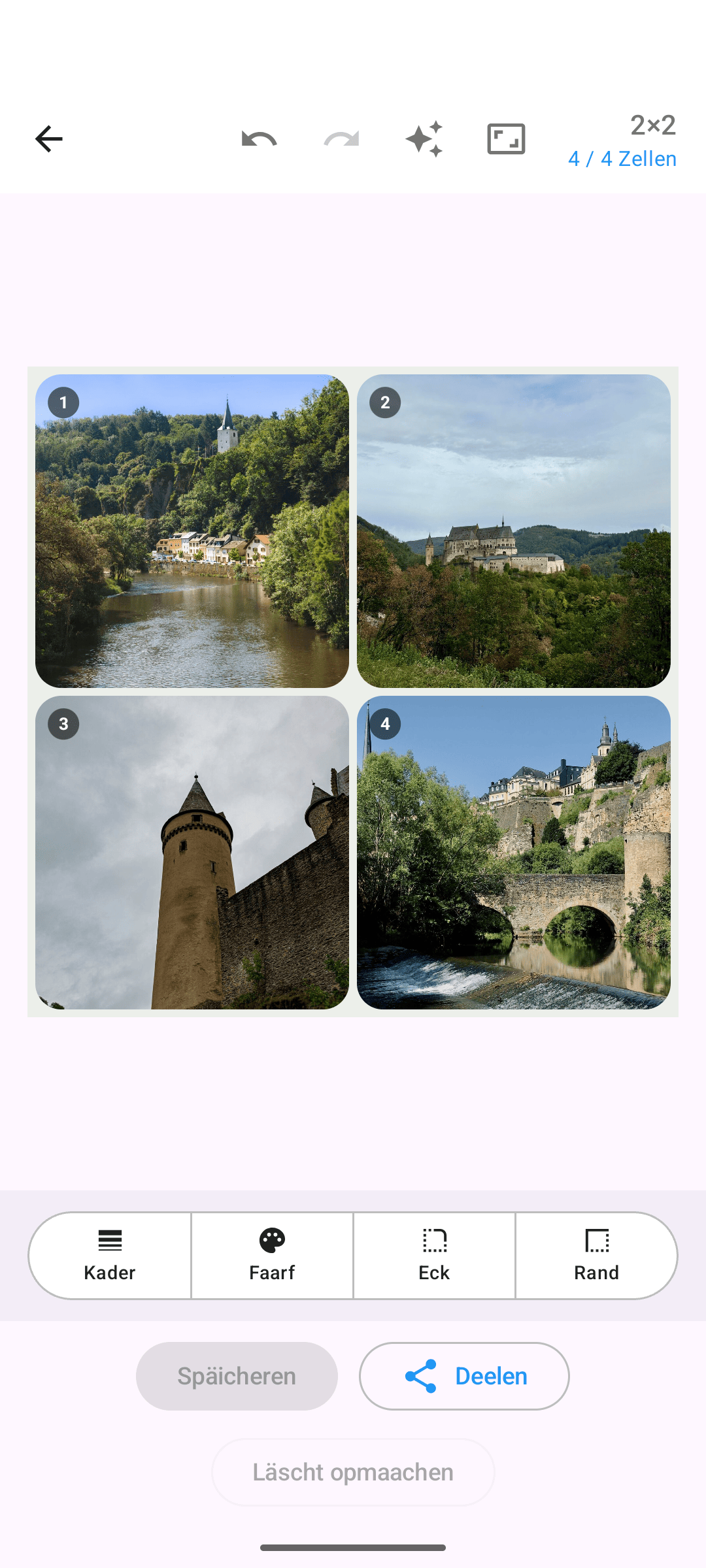 Kollagerie-Editor mat enger 2×2-Fotocollage, hellt Theema