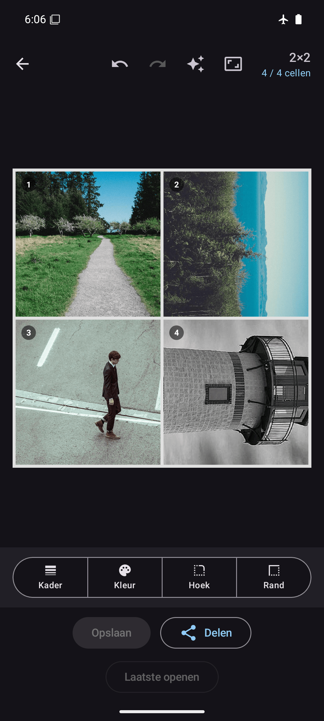 Kollagerie-editor met een 2×2-fotocollage in donkere modus