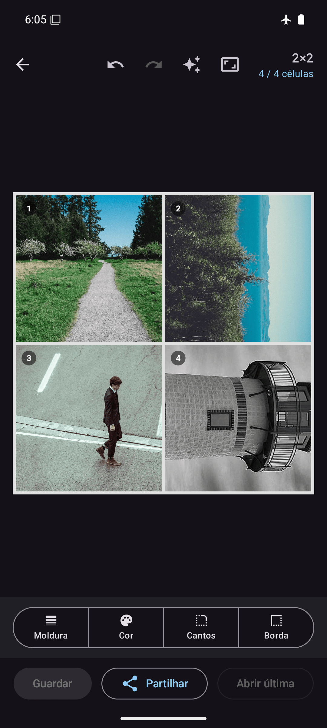 Editor Kollagerie com uma colagem de fotos 2×2 em modo escuro