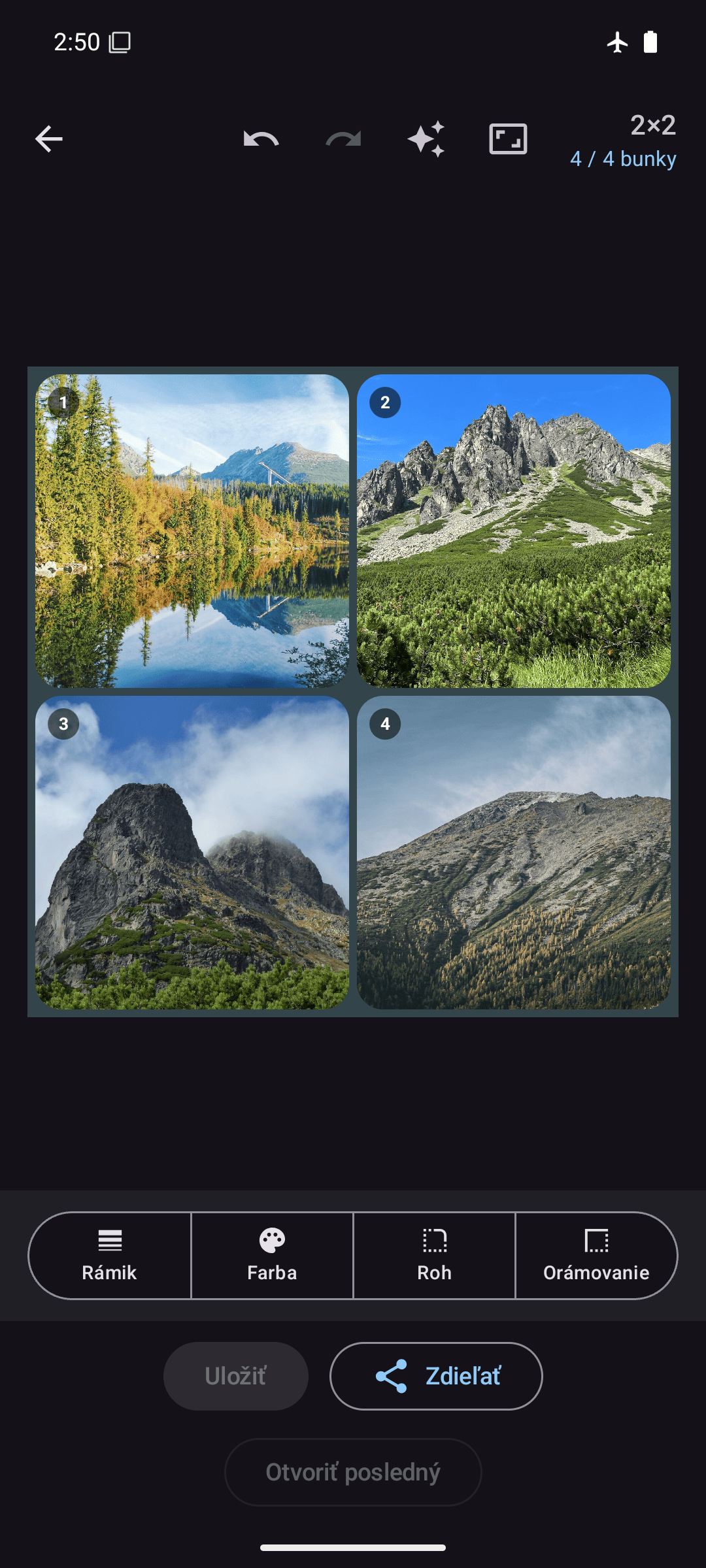 Editor Kollagerie s fotokolážou 2×2 v tmavom režime