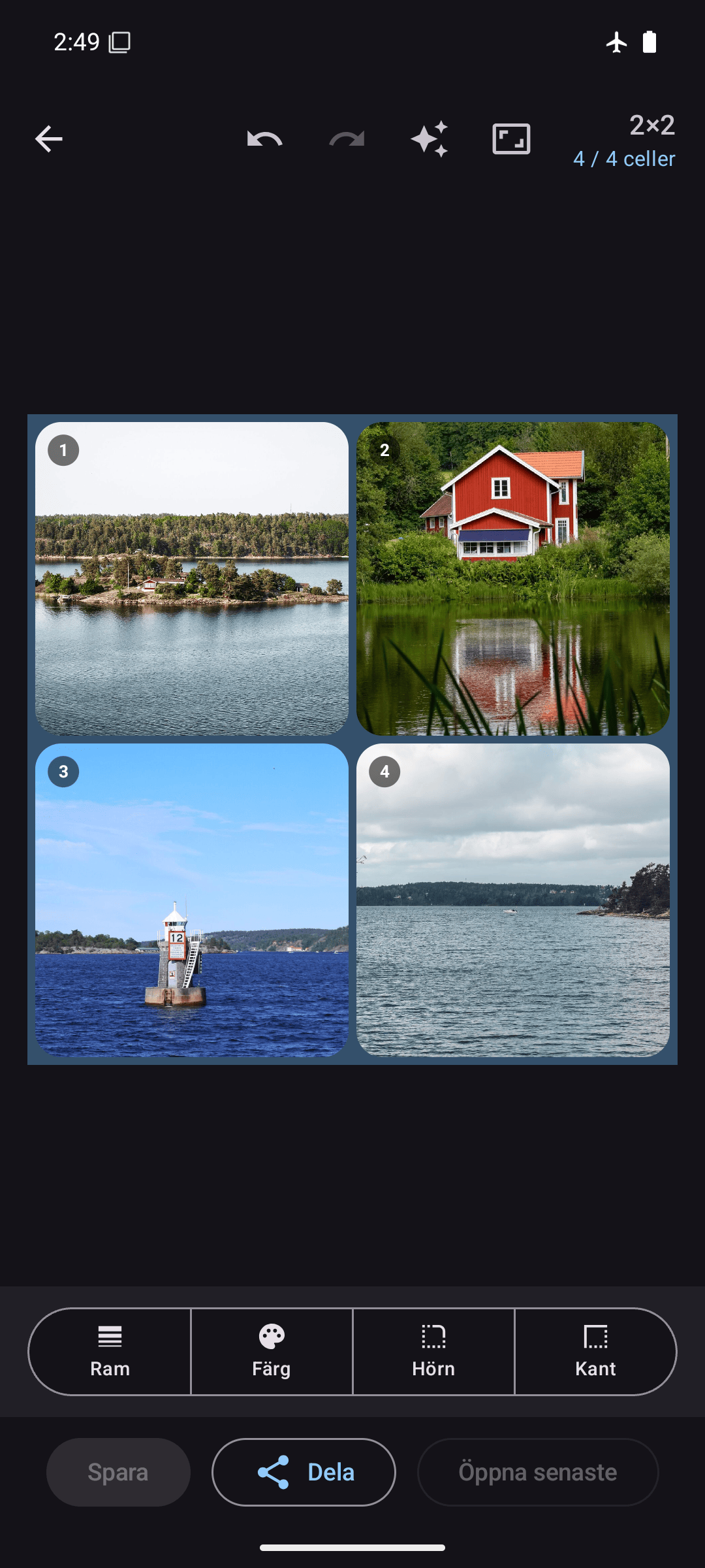 Kollagerie-redigerare med ett 2×2-fotokollage i mörkt läge