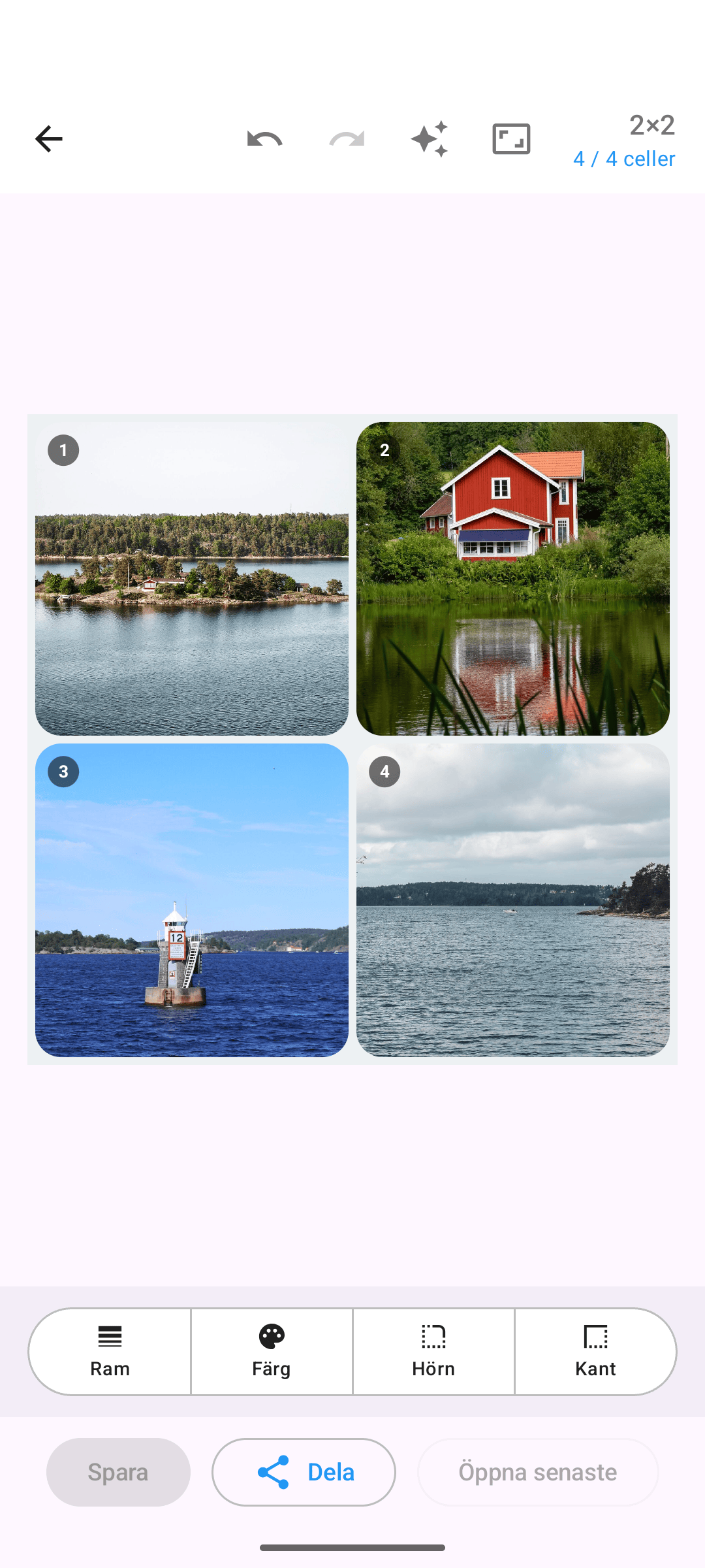 Kollagerie-redigerare med ett 2×2-fotokollage, ljust tema