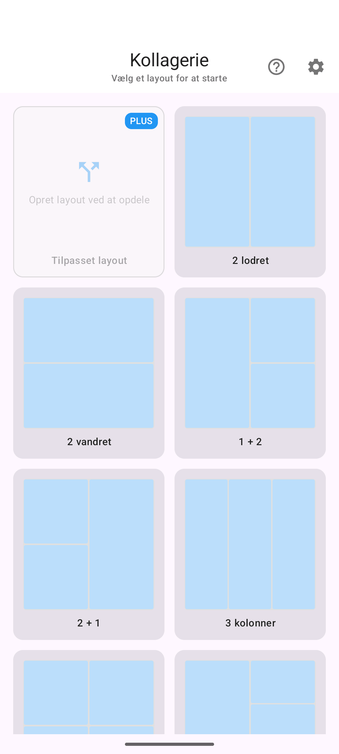 Skabelonvalg med et PLUS-mærke på egne layouts