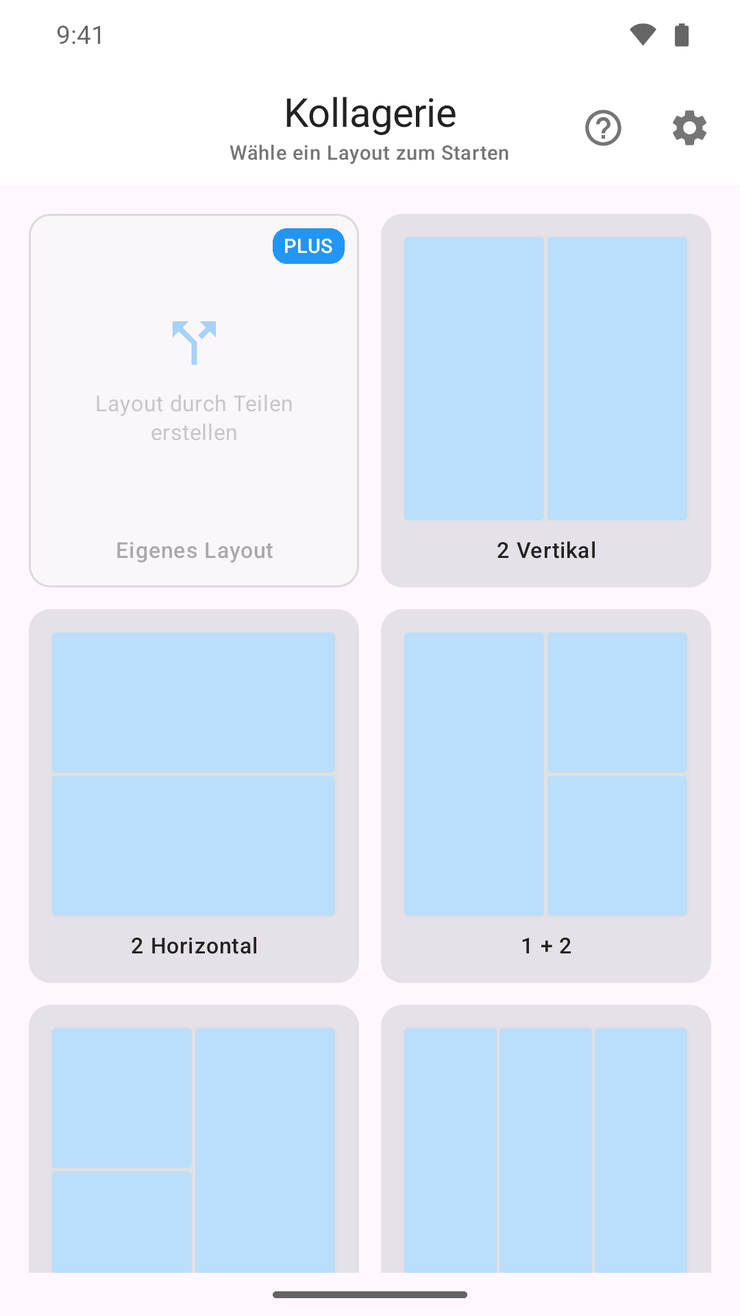 Vorlagenauswahl mit PLUS-Markierung für eigene Layouts