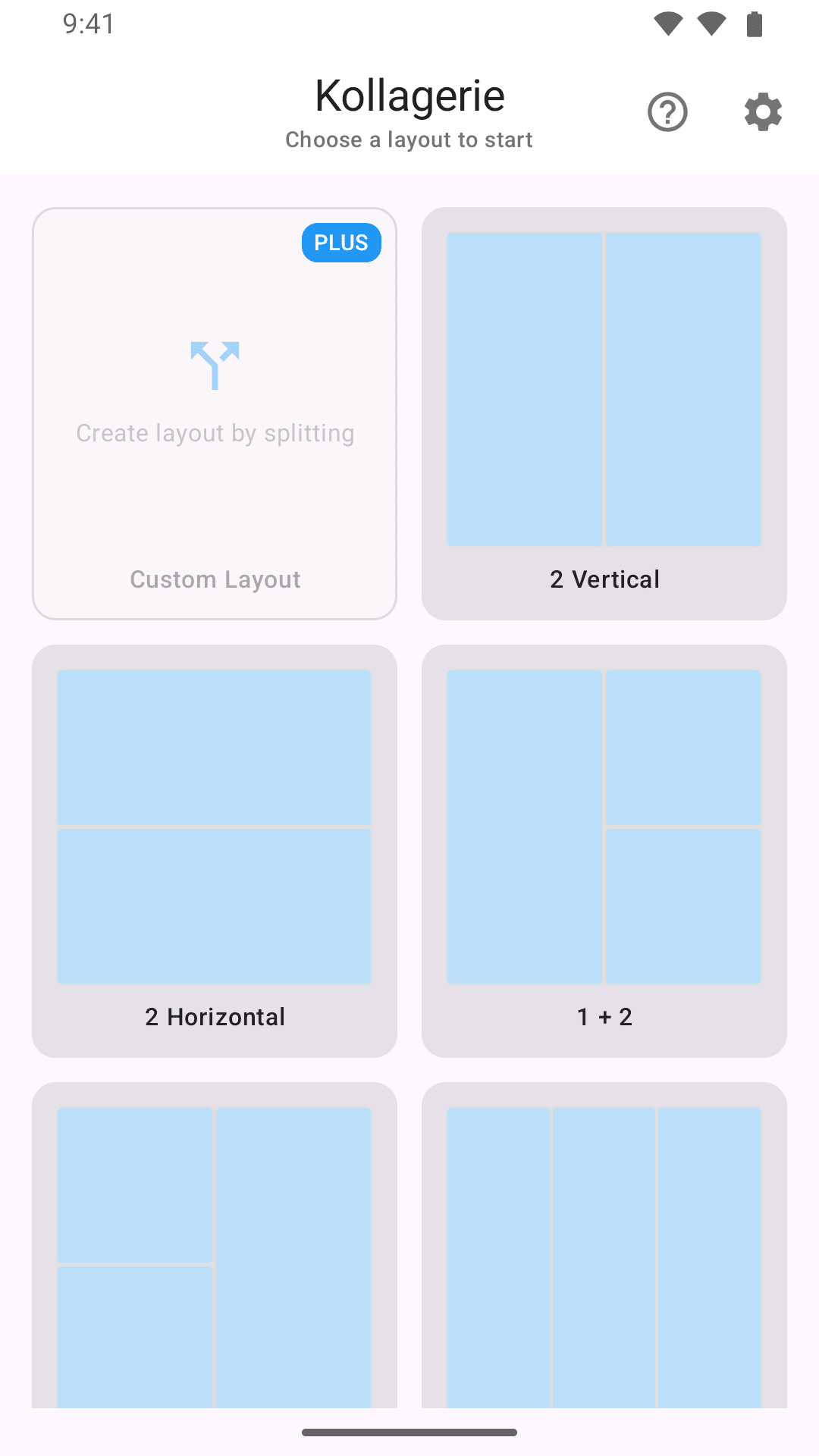 Template picker with a PLUS badge on custom layouts