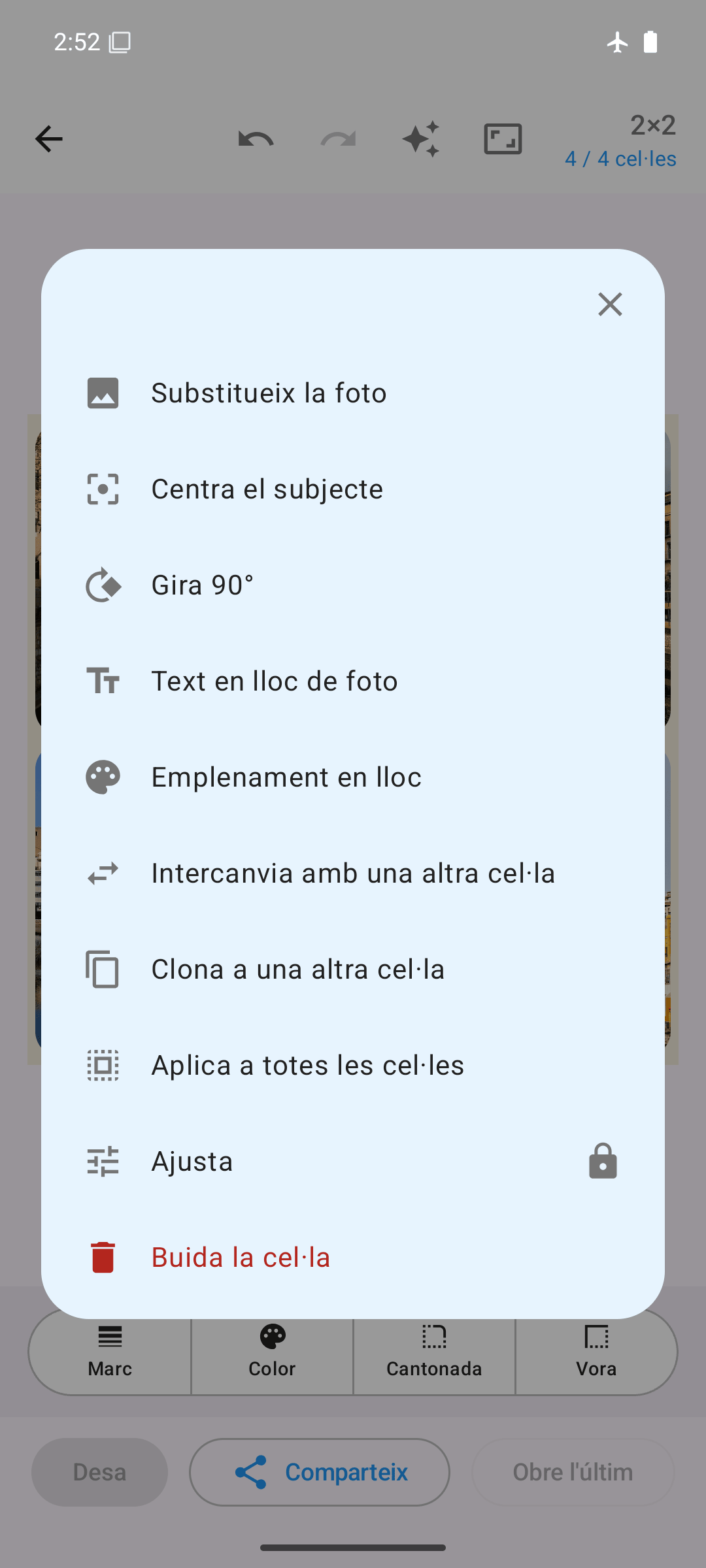 Opcions per cel·la: substituir, girar, intercanviar, clonar, ajustar
