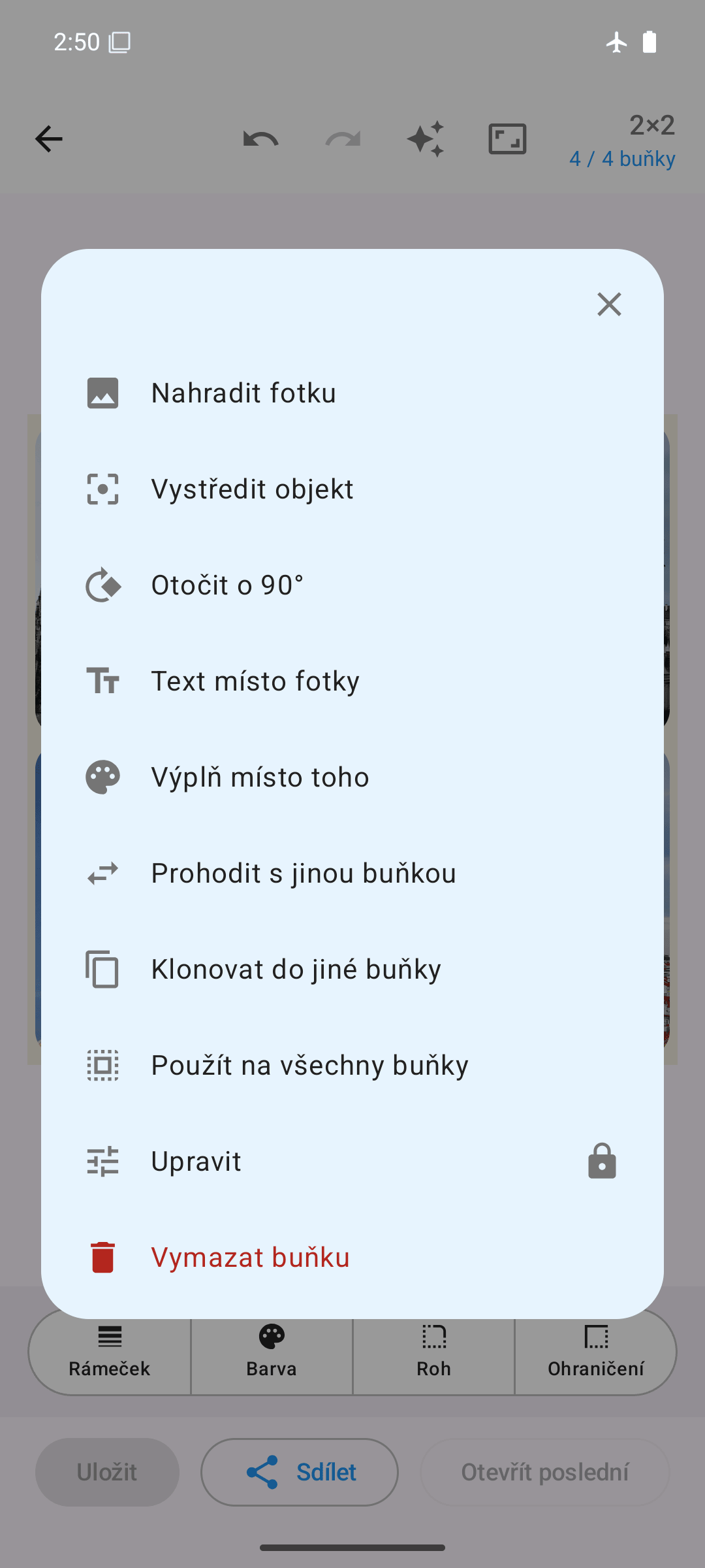 Možnosti buňky: nahradit, otočit, prohodit, klonovat, upravit