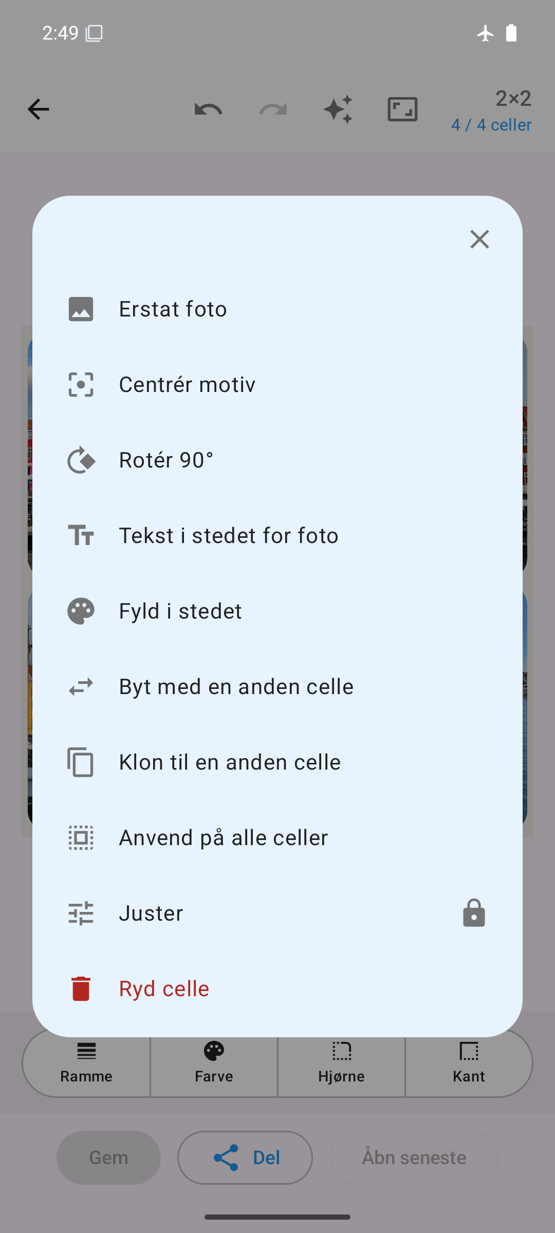 Indstillinger pr. celle: erstat, rotér, byt, klon, justér
