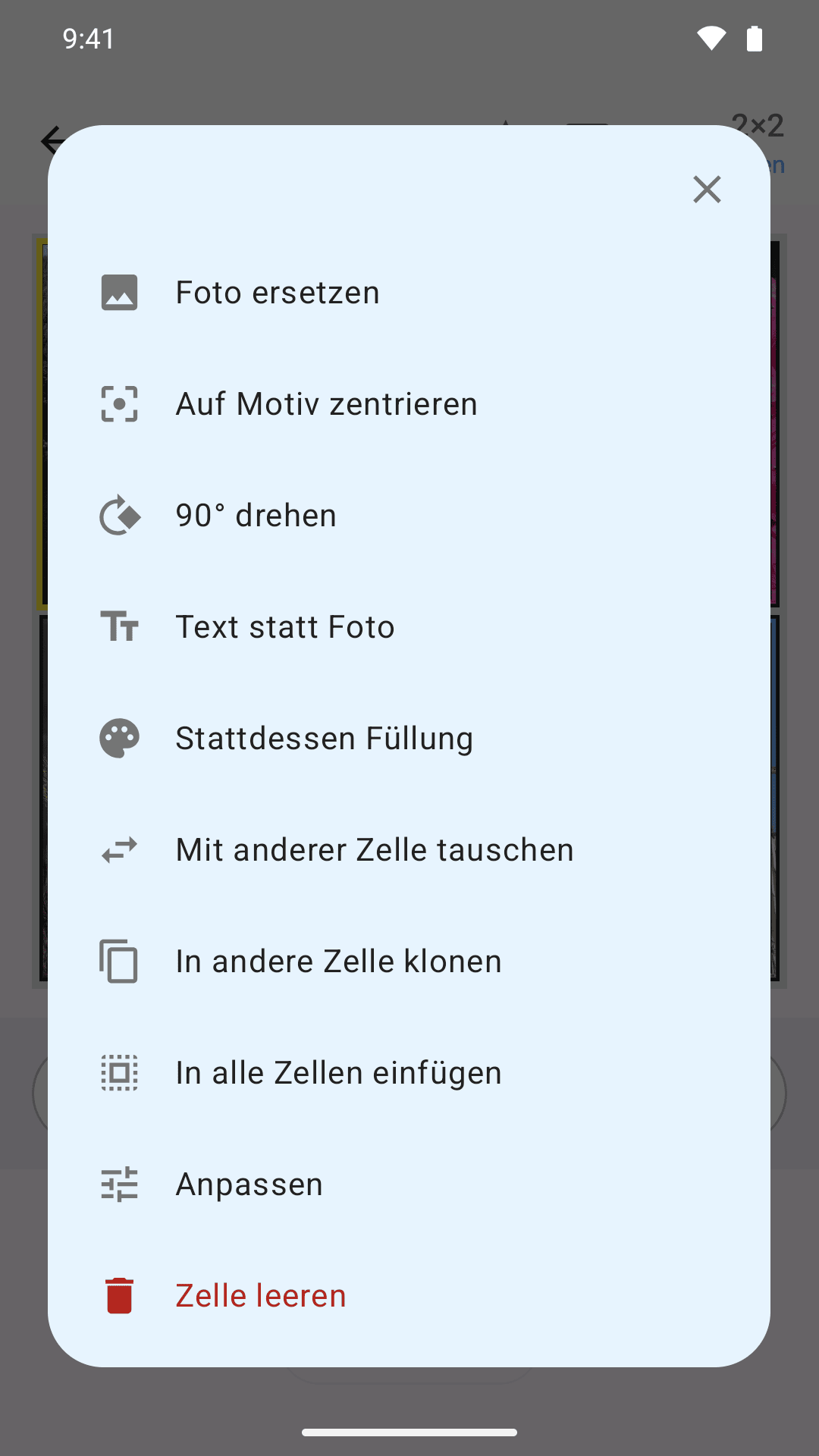 Optionen pro Zelle: ersetzen, drehen, tauschen, klonen, anpassen