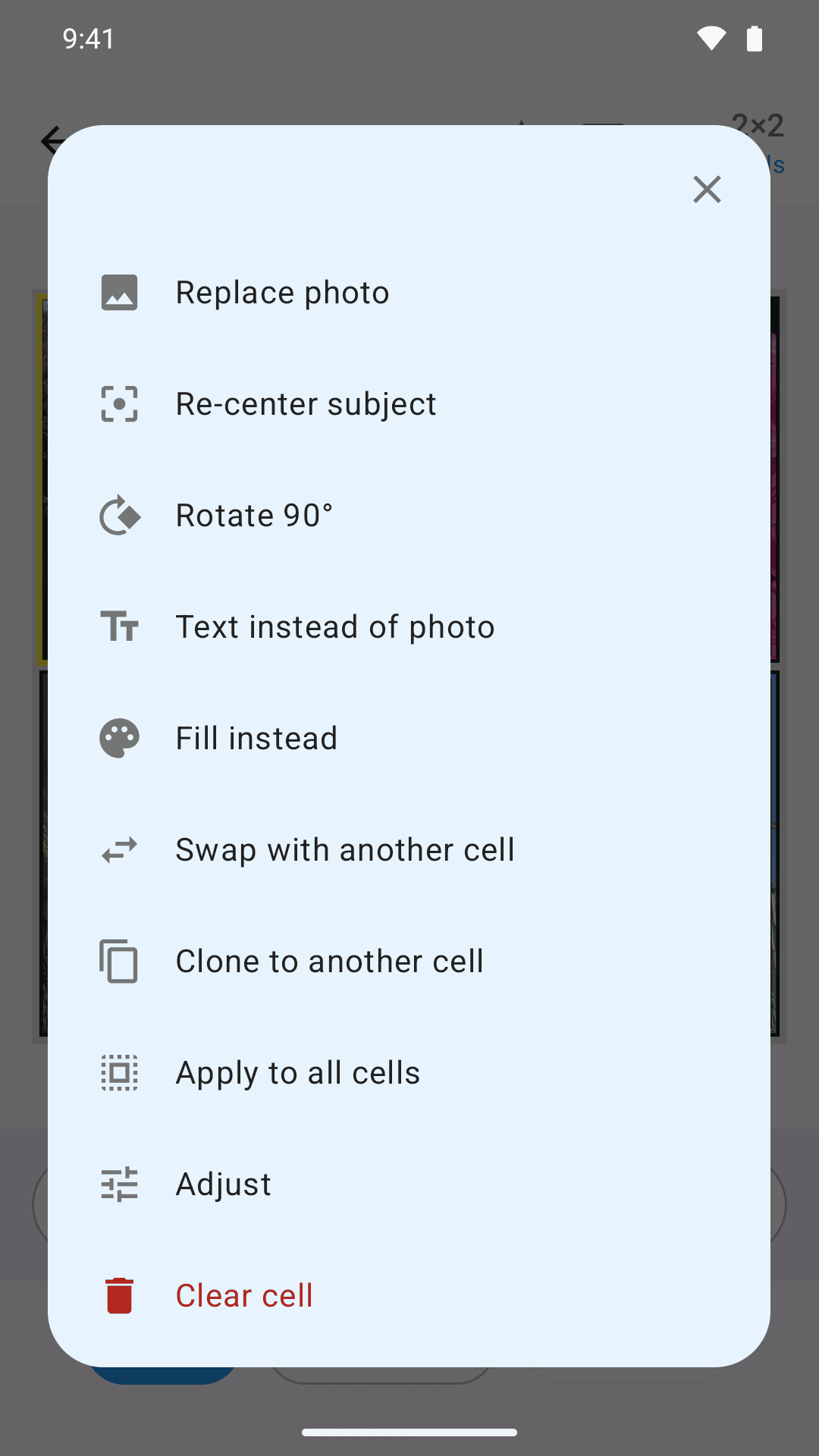 Per-cell options: replace, rotate, swap, clone, adjust
