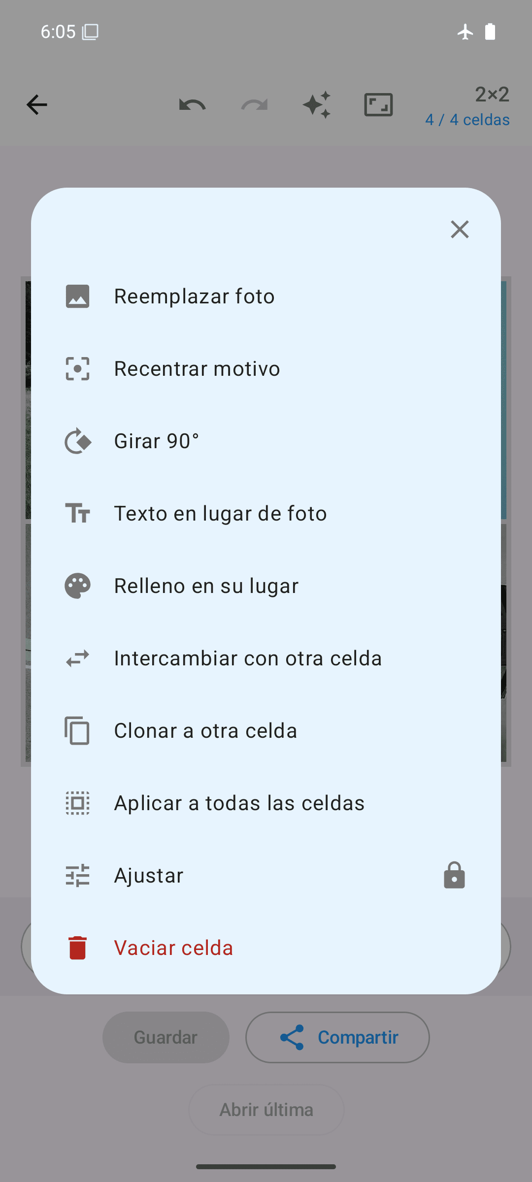 Opciones por celda: sustituir, girar, intercambiar, clonar, ajustar