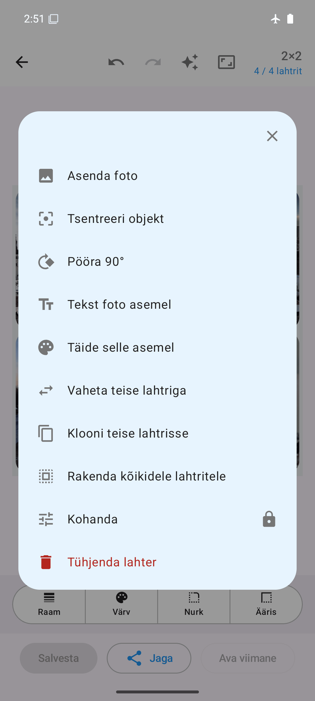 Lahtrite valikud: asenda, pööra, vaheta, klooni, kohanda