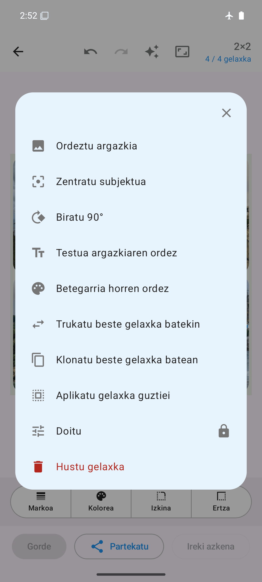 Gelaxkako aukerak: ordezkatu, biratu, trukatu, klonatu, doitu