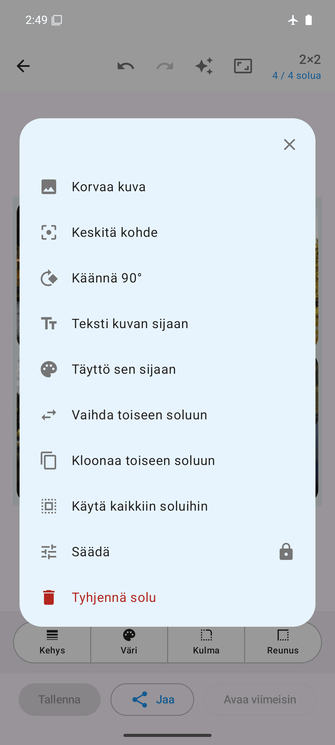 Soluasetukset: korvaa, kierrä, vaihda, kloonaa, säädä