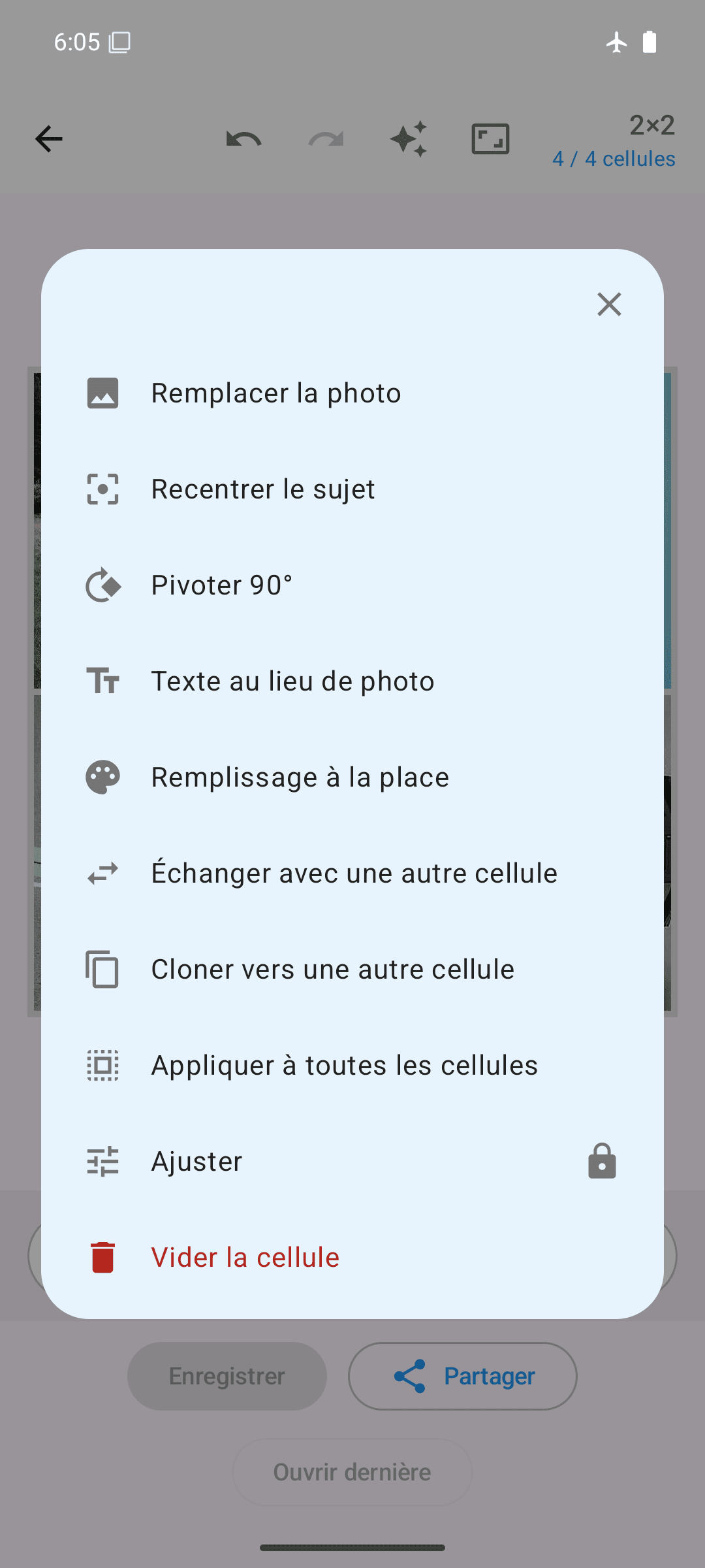 Options par cellule : remplacer, pivoter, échanger, cloner, ajuster