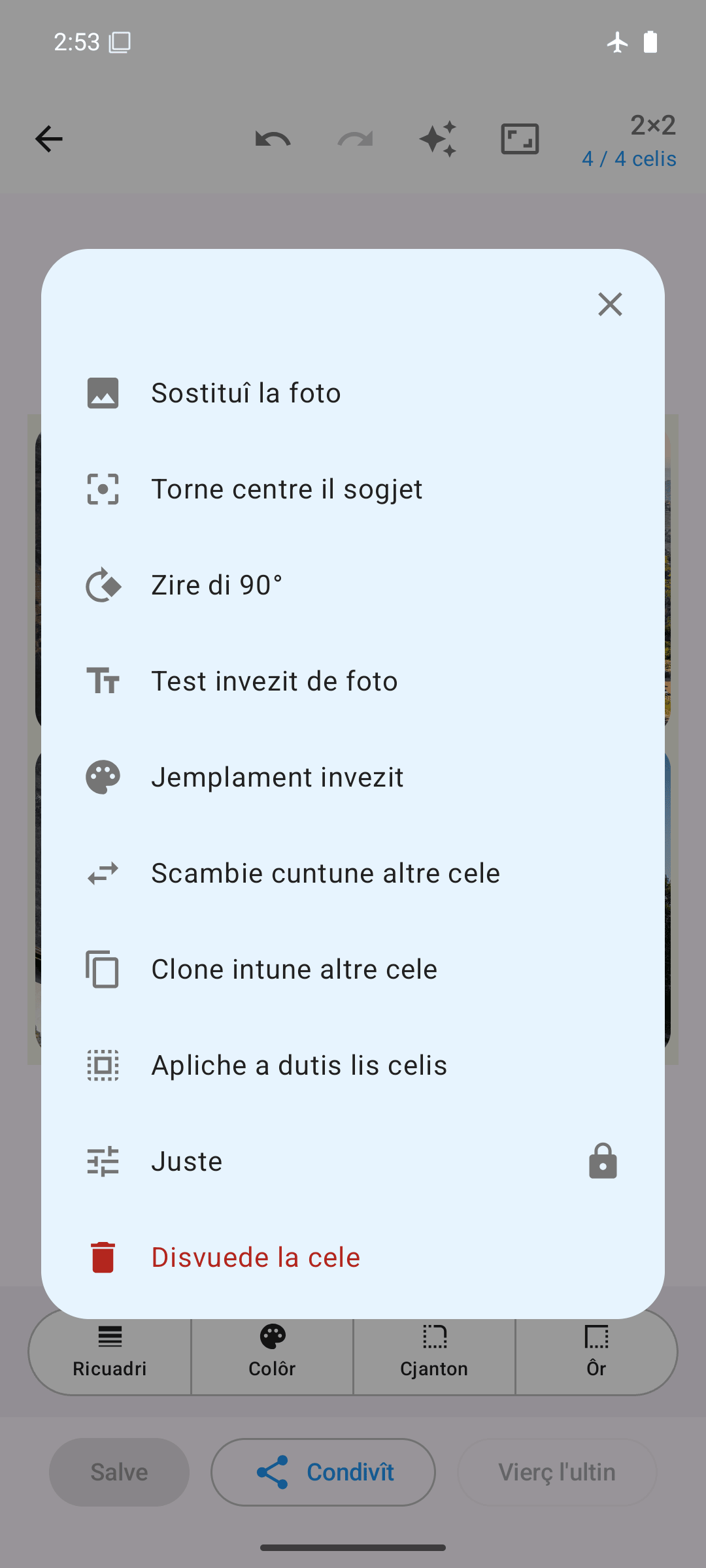 Opzions par cele: sostituî, zirâ, scambiâ, clonâ, justâ
