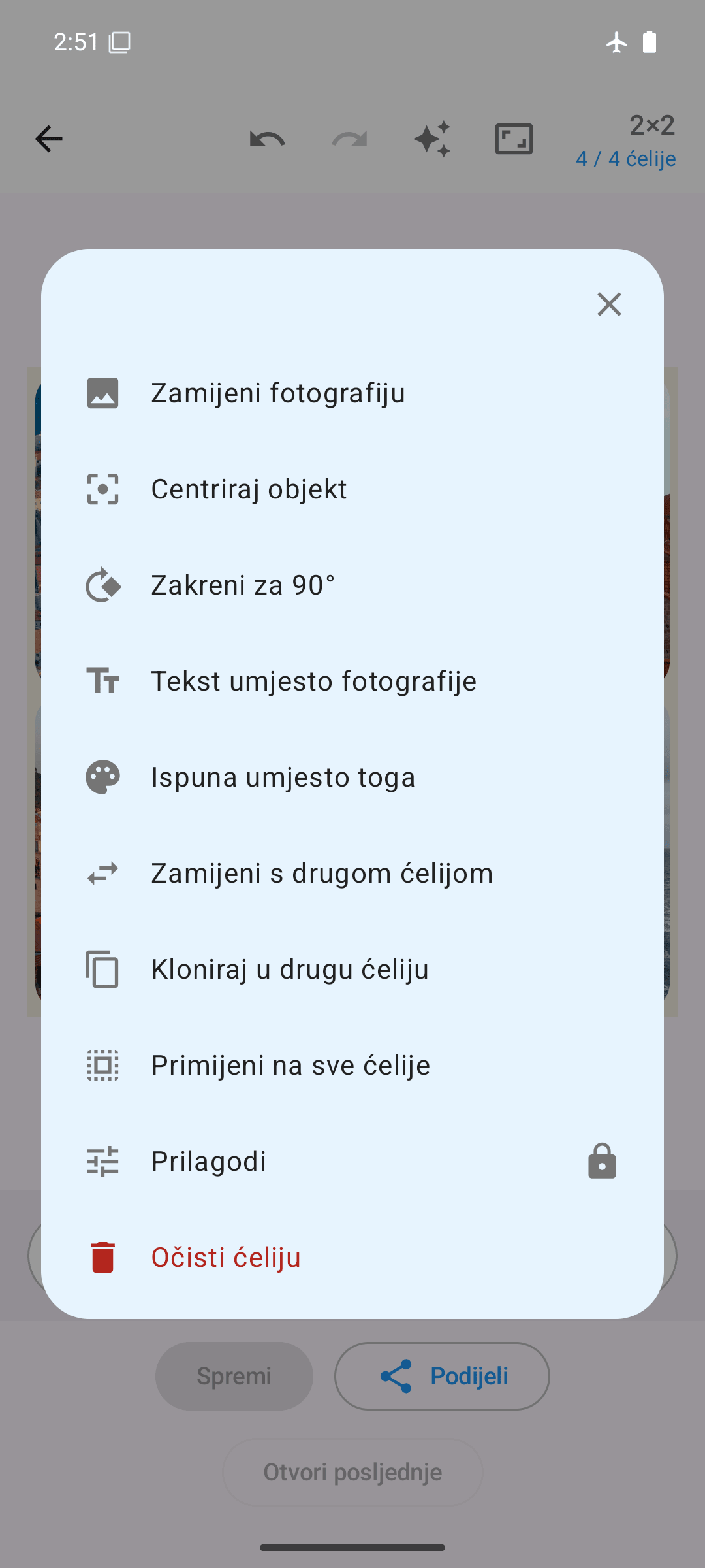 Mogućnosti po ćeliji: zamjena, zakretanje, preokretanje, kloniranje, prilagodba