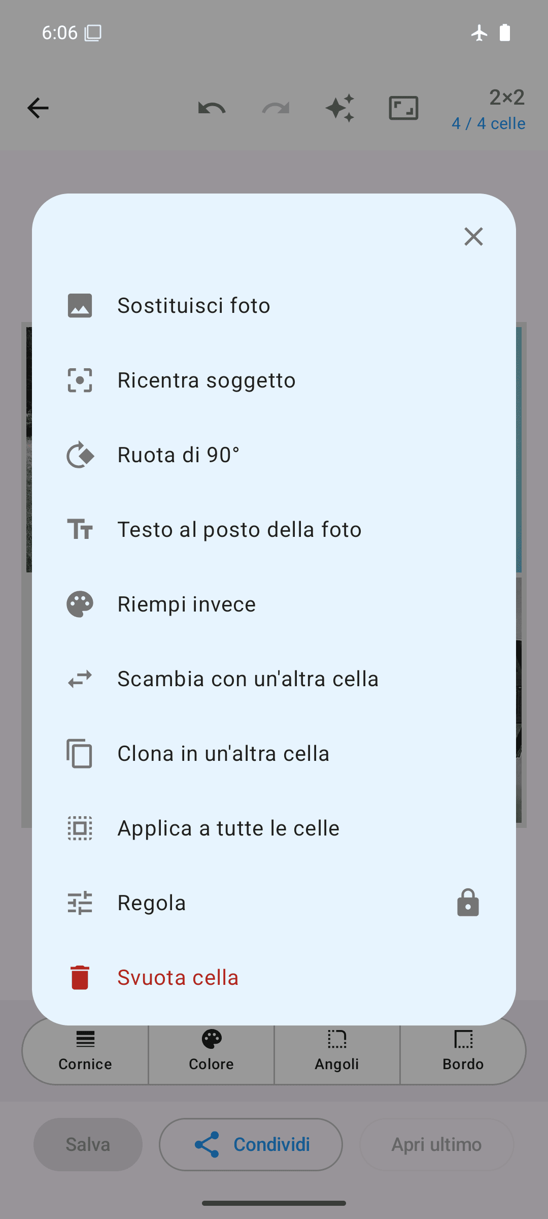 Opzioni per cella: sostituire, ruotare, scambiare, clonare, regolare