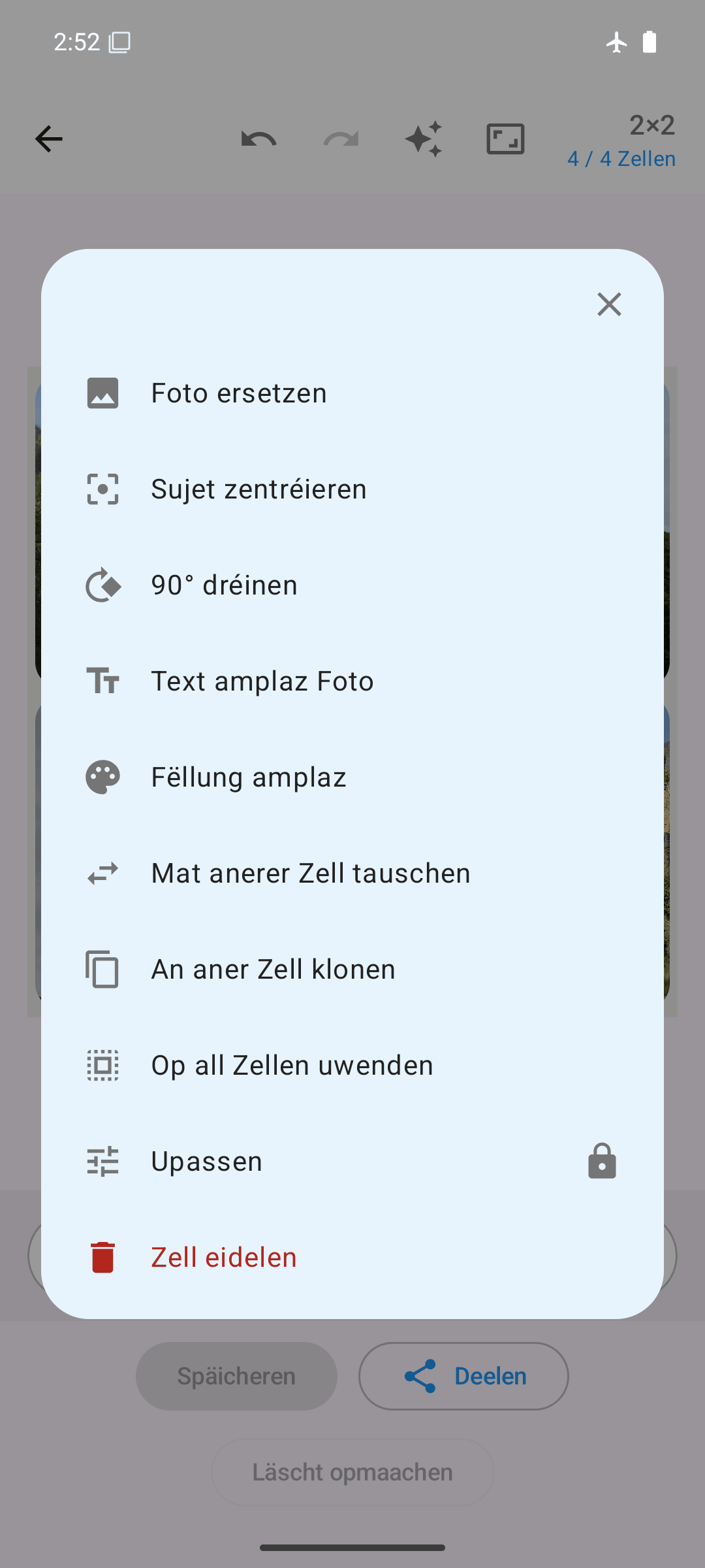 Optiounen pro Zell: ersetzen, dréien, tauschen, klonen, upassen