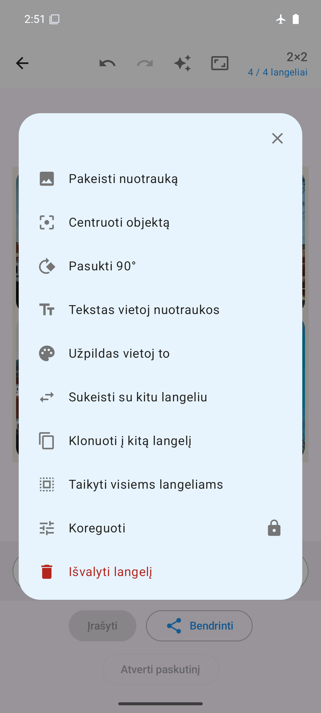 Ląstelės parinktys: pakeisti, pasukti, sukeisti, klonuoti, koreguoti
