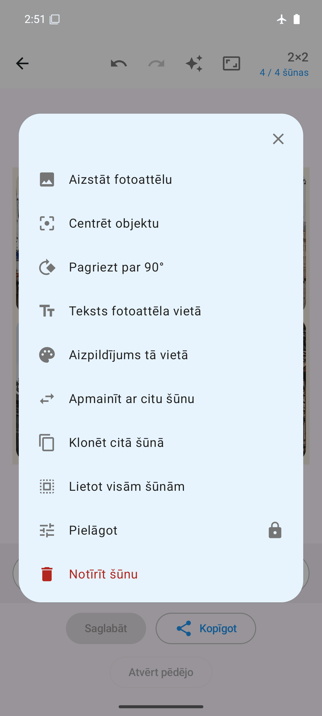 Šūnu opcijas: aizstāt, pagriezt, apmainīt, klonēt, pielāgot