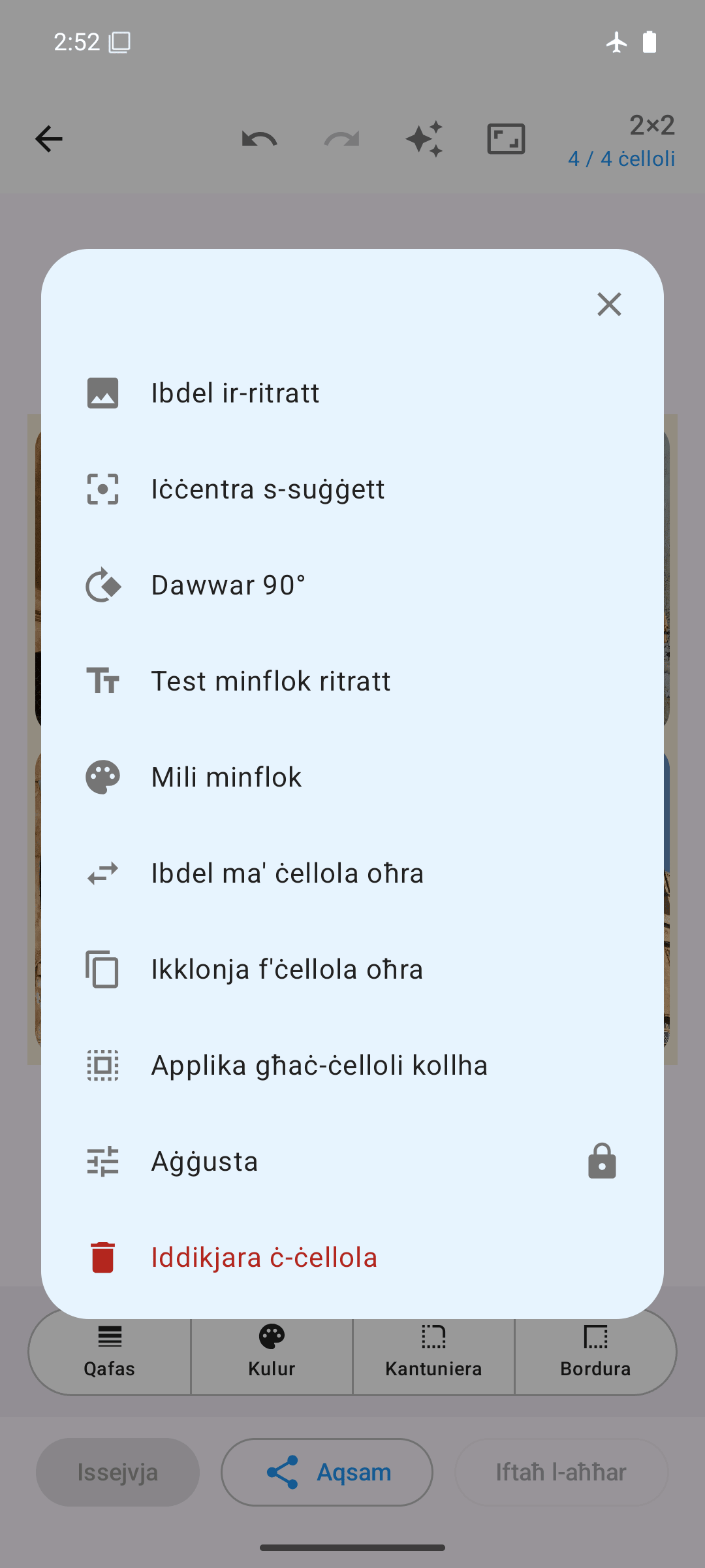Għażliet kull ċella: ibdel, dawwar, skambja, ikklonja, aġġusta
