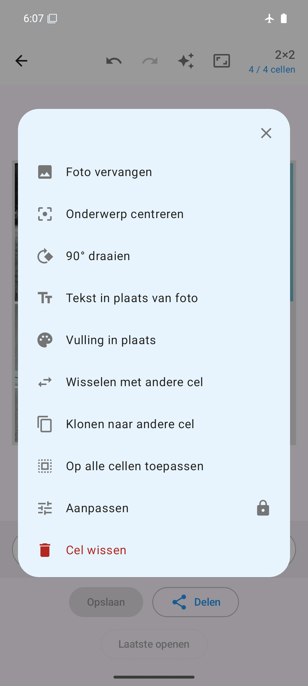 Opties per cel: vervangen, draaien, wisselen, klonen, aanpassen