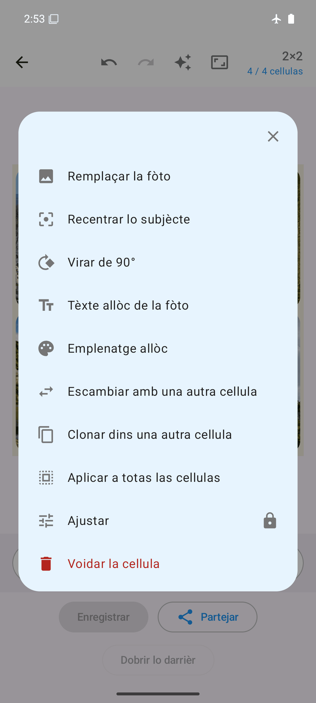 Opcions per cellula: remplaçar, revirar, escambiar, clonar, ajustar