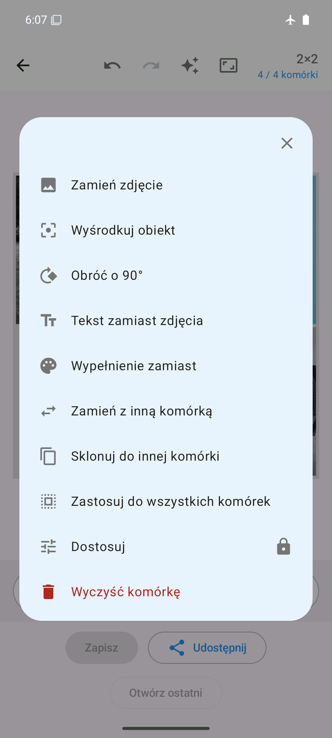 Opcje komórki: zamień, obróć, przenieś, klonuj, dostosuj