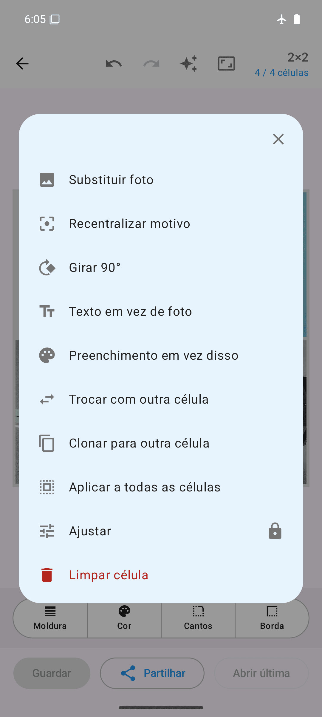 Opções por célula: substituir, rodar, trocar, clonar, ajustar