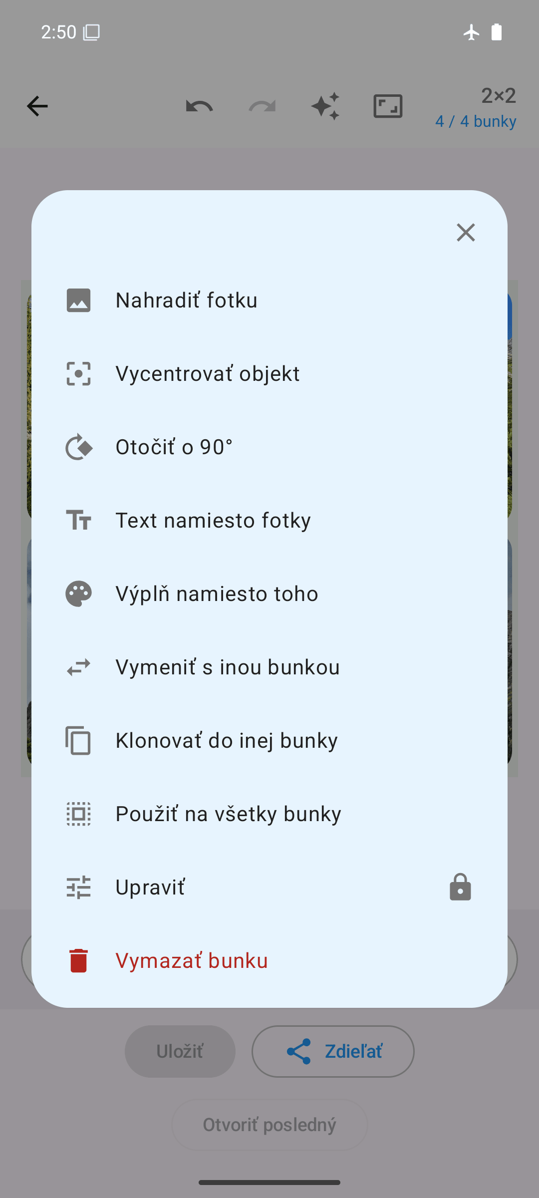 Možnosti bunky: nahradiť, otočiť, vymeniť, klonovať, upraviť