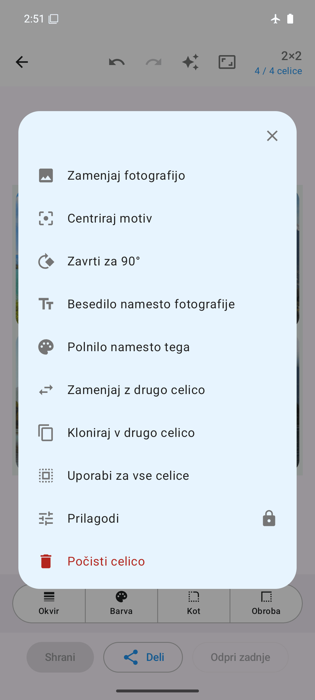 Možnosti po celici: zamenjava, vrtenje, preklop, kloniranje, prilagoditev