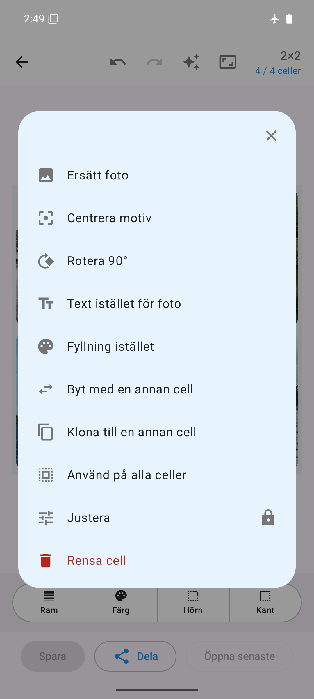 Alternativ per cell: ersätt, rotera, byt, klona, justera