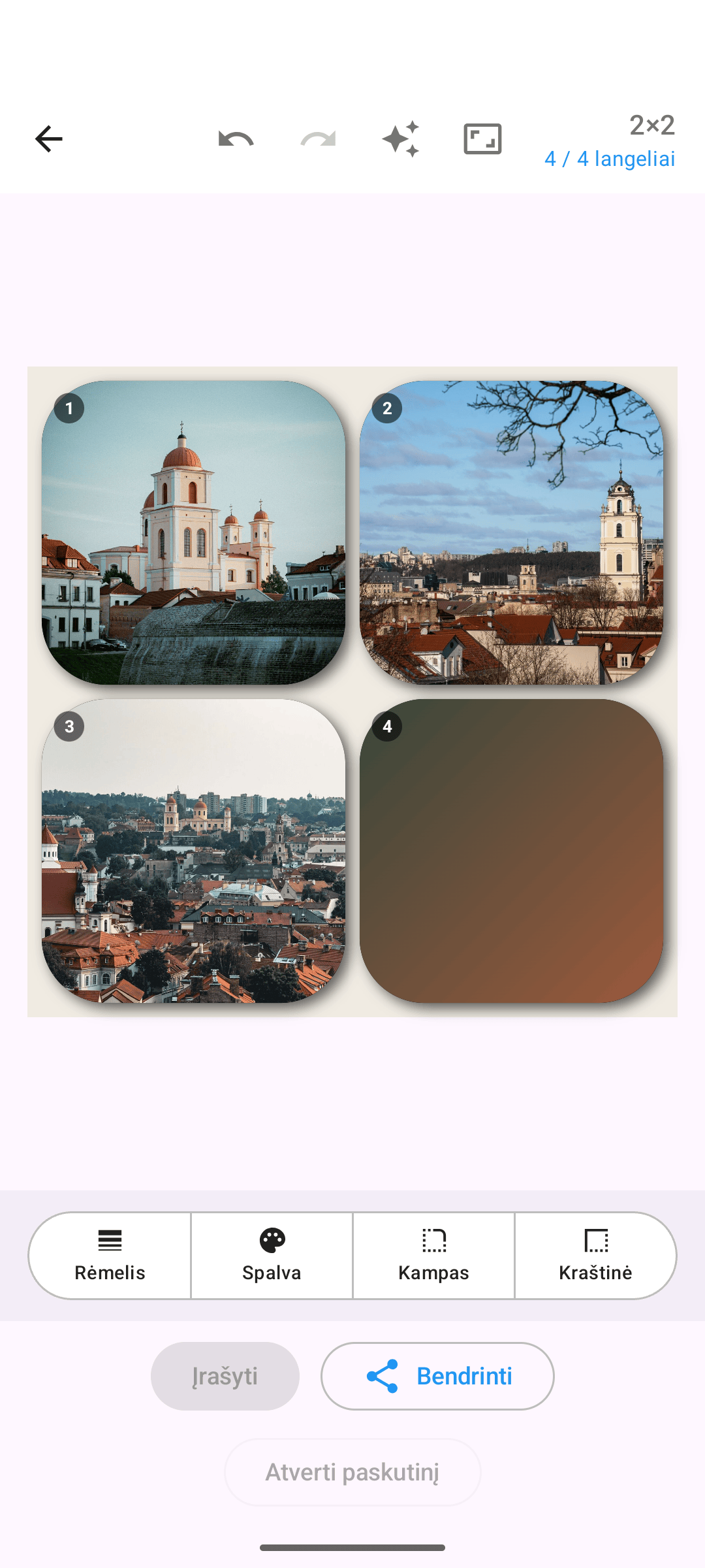Nuotraukų koliažas su dvigubos linijos rėmelio stiliumi