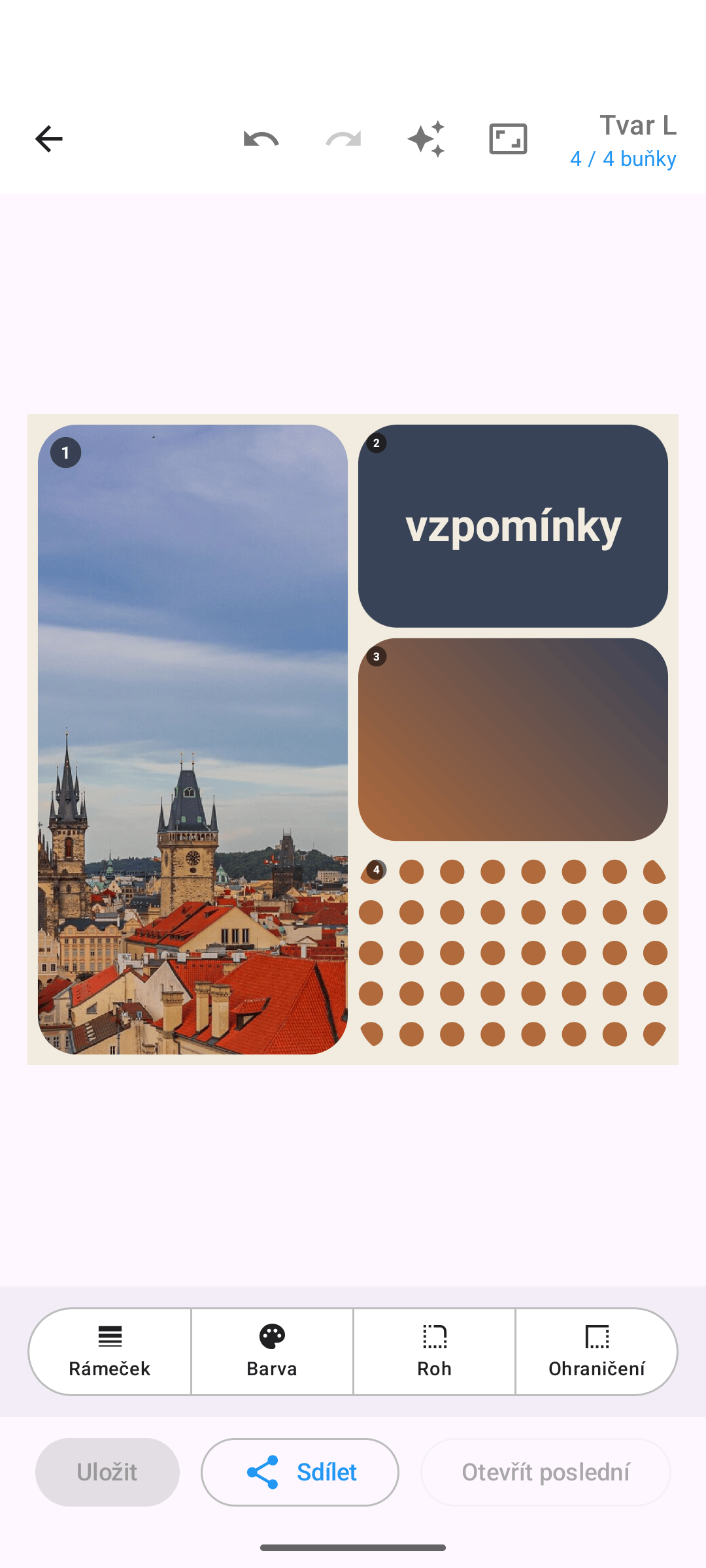 Smíšená koláž z fotek, textové buňky a barevného přechodu