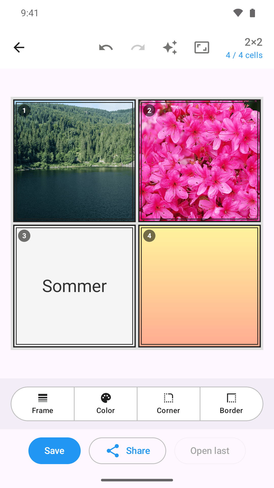 Mixed collage of photos, a text cell and a colour gradient