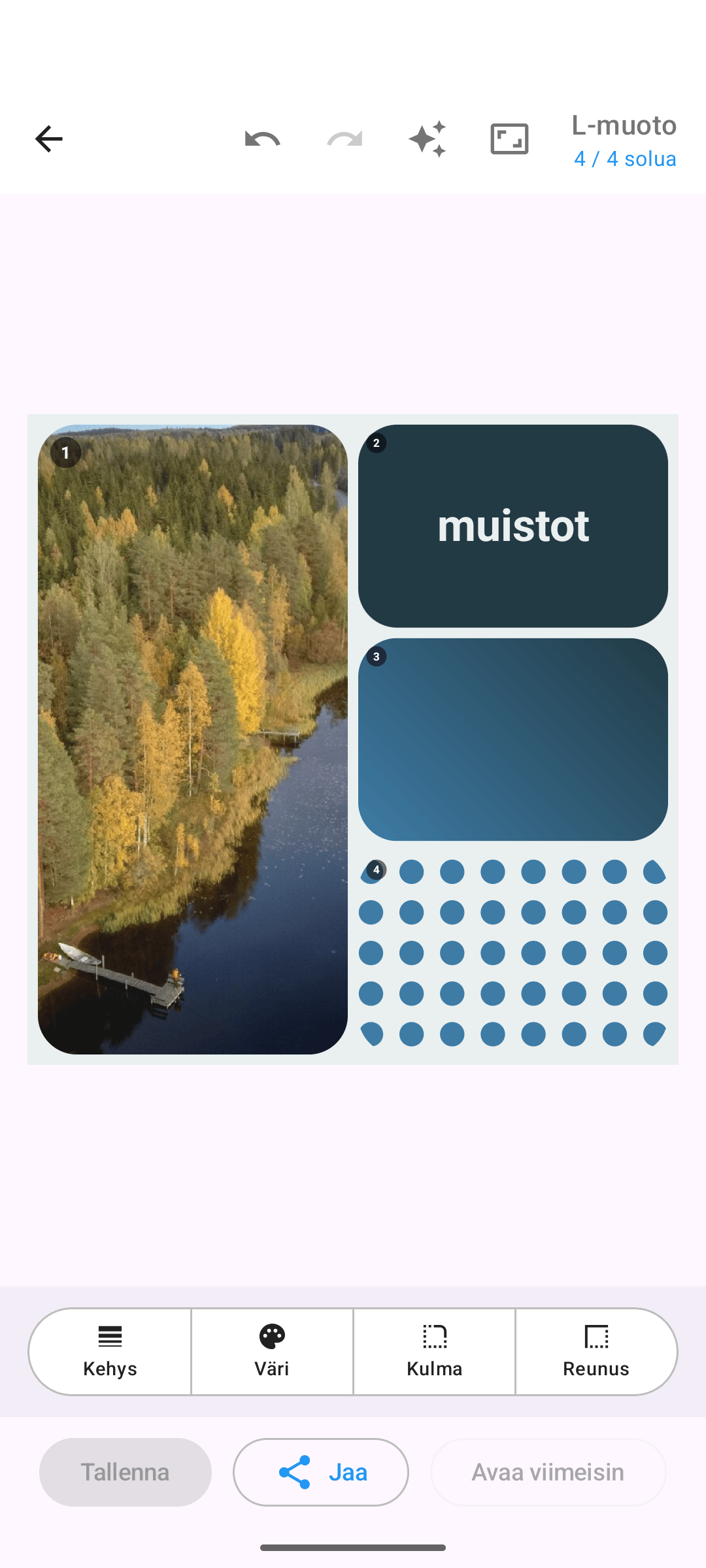 Sekakollaasi kuvista, tekstisolusta ja väriliukumasta