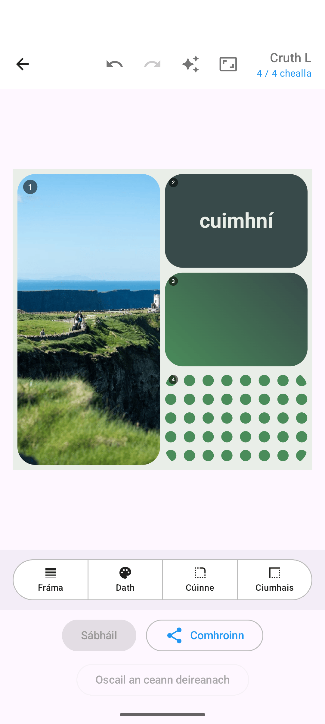 Cnuasach measctha de ghrianghraif, cill téacs agus grádán datha